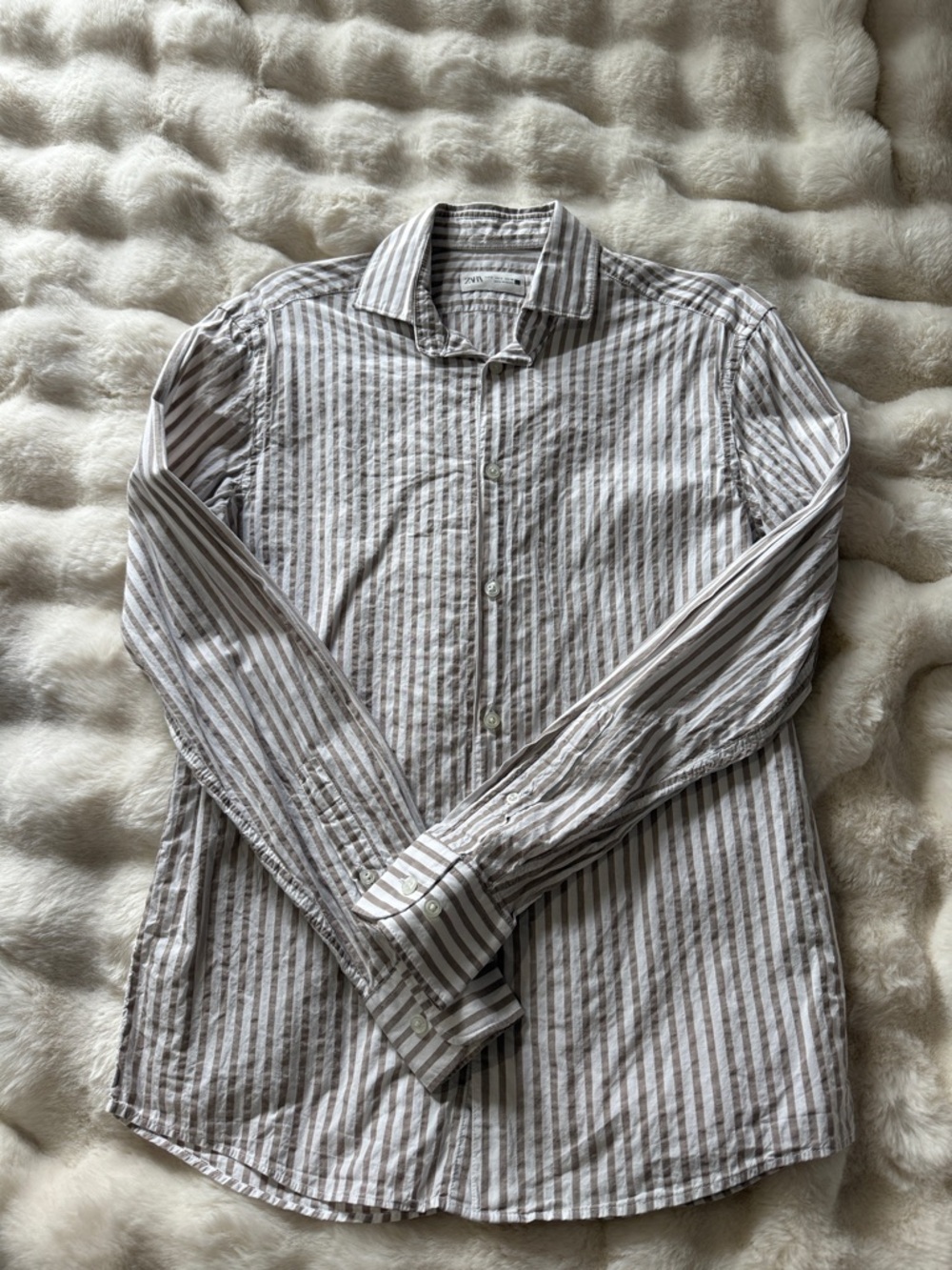 Zara White and Brown Vertical Stripe Dress Shirt